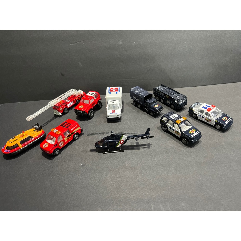 10pc Diecast Emergency Vehicle Lot Police Fire Ambulance Helicopter Hovercraft